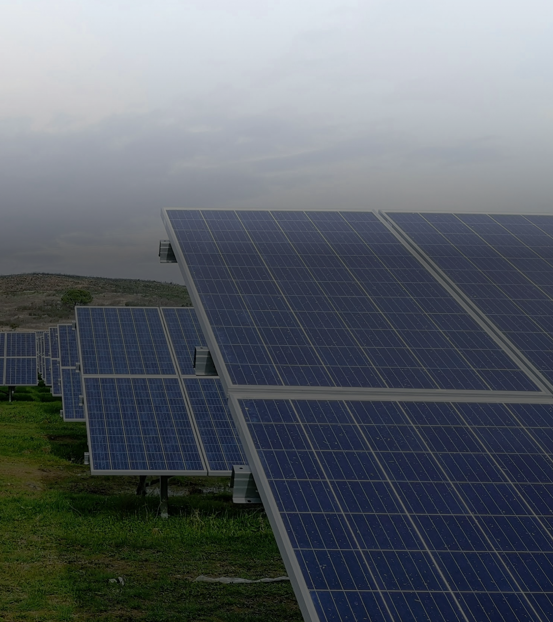 Solar panels on a roof during sunset